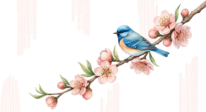 Watercolor illustration of a blue bird perched on a blooming cherry blossom branch with pink flowers on white