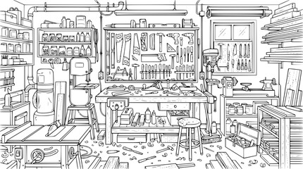 Fototapeta premium Detailed Woodworking Workshop Line Art Illustration for Coloring