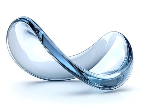 A clear transparent glass mobius ribbon twisting in a continuous fluid loop on a pristine white background