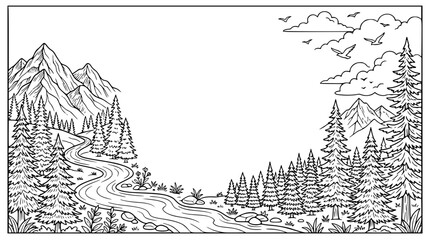 Fototapeta premium Scenic mountain landscape with river and pine forest coloring page line art