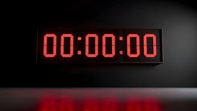 Digital Countdown Timer Showing Zero with Glowing Red LED Digits on Black Wall