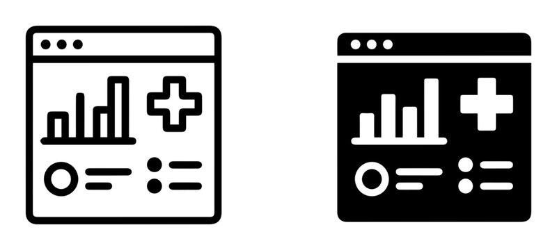 Web page, browser window, chart icons, black and white, editable vector graphics
