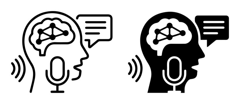 Chatbot, voice assistant, brain with microphone, conversation icons, AI, speech recognition, black and white vector graphics