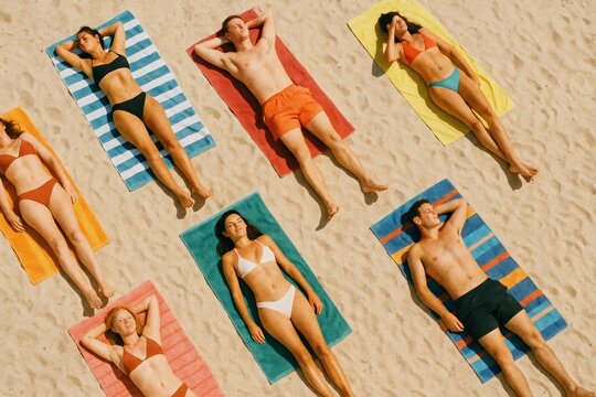 Vibrant beachgoers sunbathing together.