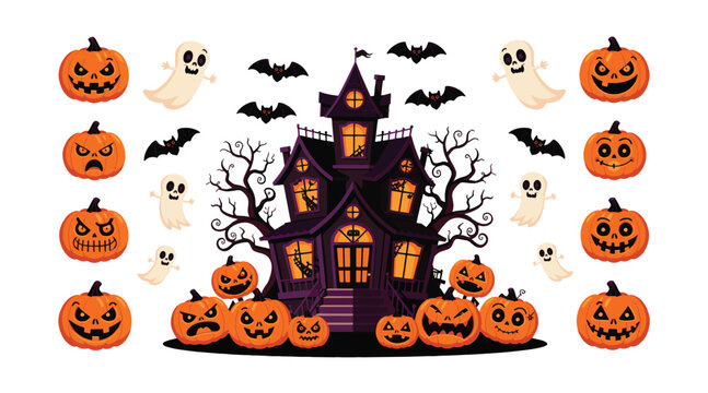 Spooky halloween haunted house surrounded by carved pumpkins, flying bats, and friendly ghosts on white background