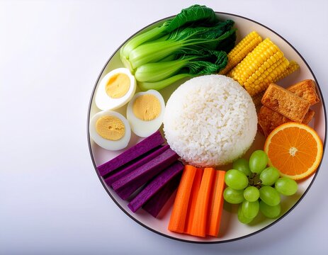 Balanced Meal Plate with White Rice, Boiled Eggs, Tofu, and Assorted Vegetables