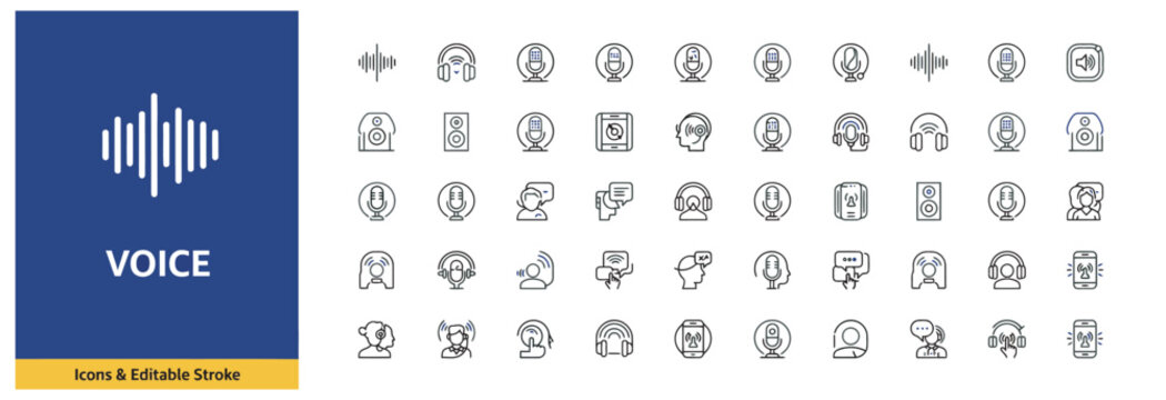 Collection of voice and audio communication icons with editable stroke for digital interface