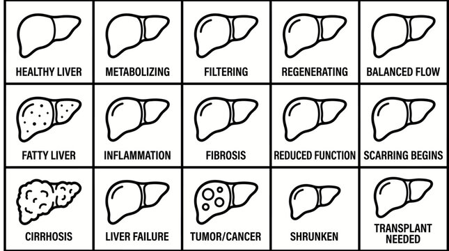 Liver health infographic showing various liver conditions and functions.