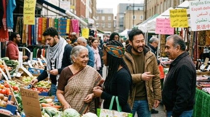 People shopping at a market, with various languages on signs.