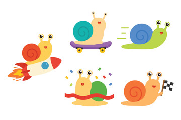 Cute Fast Snail Racing Clip Art Set, Funny Snail on Rocket and Skateboard Vector