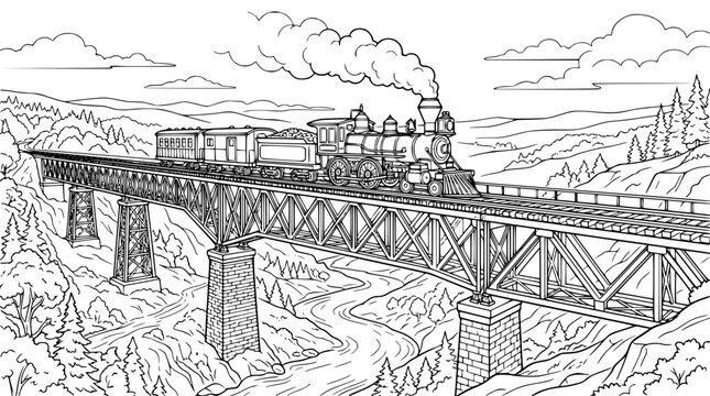 Vintage Steam Train Crossing a High Trestle Bridge Coloring Page