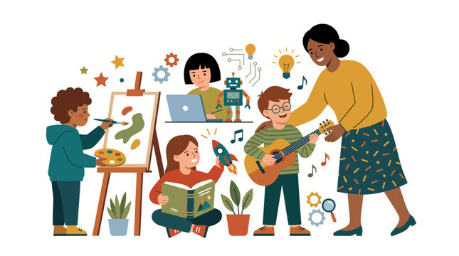 Happy diverse students learning and creating with teacher on World Teachers' Day