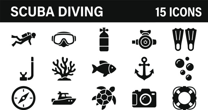 Scuba Diving Icons Set: Underwater Exploration and Marine Life