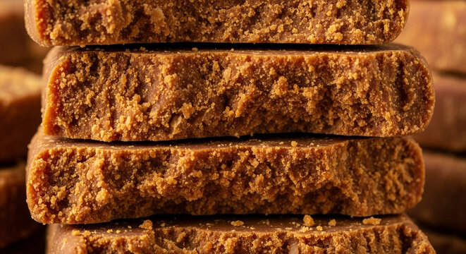 Stacked jaggery bars showcase their rough texture and golden brown color