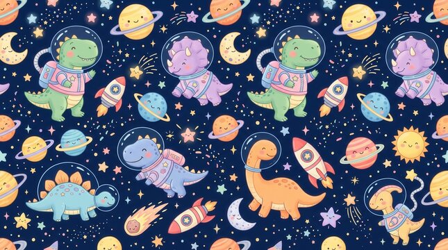 Friendly cartoon astronaut dinosaurs fly through galaxy, planets, rockets
