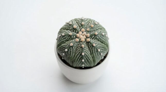 Minimalist small astrophytum asterias cactus in white ceramic pot isolated on clean white background for interior decor