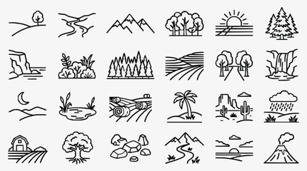 Obraz premium Creative Black and White Line Drawing Icons Set Featuring Nature Weather and Scenic Elements for Design Projects