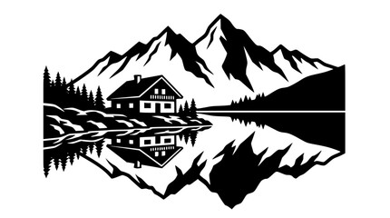Fototapeta premium Black and White Vector Illustration of a Mountain Cabin Reflecting in a Lake