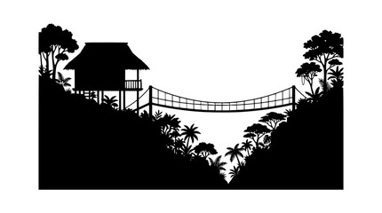 Obraz premium Jungle Silhouette with Tropical Hut and Suspension Rope Bridge over Valley