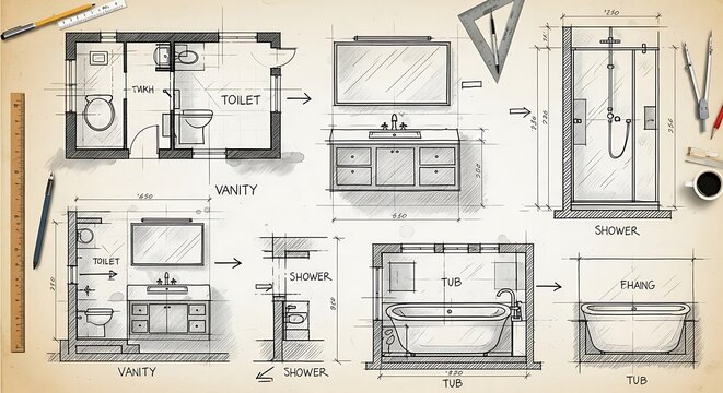 Detailed architectural blueprint plans and sketches.