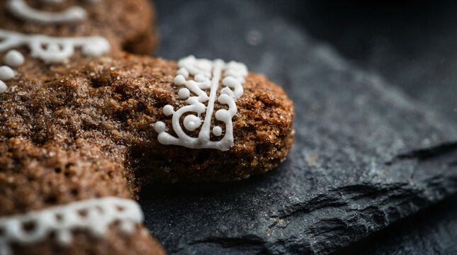Gingerbread Cookie Close-up: A detailed macro shot of a gingerbread cookie, showcasing its intricate icing decorations and textured surface, set against a dark, moody slate background.