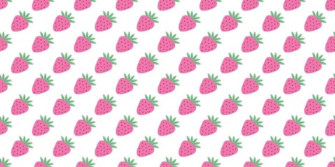 Seamless strawberry pattern. Cute pink strawberries with green leaves on white background. Hand drawn berry pattern background. © Kara kara