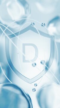 Vitamin D blue protection shield. 3D abstract background for pharma supplements. Medical defense capsule, immune booster drops, pharmaceutical sun vitamin formula for skin and bone health