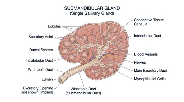 Anatomical diagram of human submandibular gland showing ductal system for medical studies.