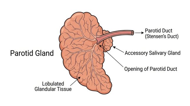 Anatomical representation showing parotid salivary gland structure and its ductal anatomy.