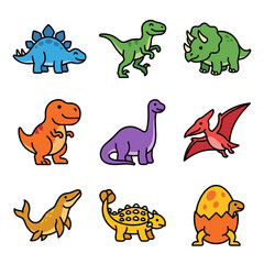 Naklejka premium A collection of cute cartoon pixel art dinosaurs, perfect for game assets, stickers, or children's designs