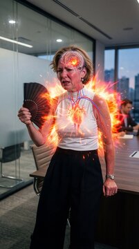Woman suffering from hot flash in office using hand fan. Medical concept of menopause symptoms with visualization of heart and brain stress. Heat wave discomfort and hormonal imbalance.
