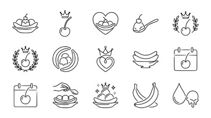 Fototapeta premium Ice Cream & Banana Desserts Icons: Banana Split, Cherry Sundae, Fruit Treats - Line Art Collection