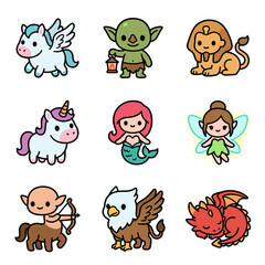 Fototapeta premium Cute cartoon fantasy creatures vector illustration set, mythical animals, fairytale characters including unicorn, griffin, dragon, and more for kids