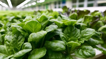 Obraz premium Rows of vibrant green leafy vegetables growing under bright lighting inside a controlled indoor farming environment