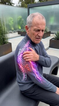 Elderly man touching shoulder with holographic representation of nerve pain. Visualisation of chronic injury and inflammation inside body. Concept of medical diagnosis and treatment technology.