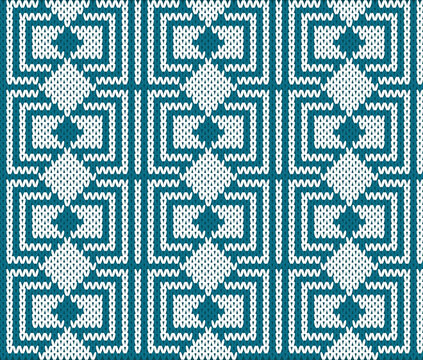 Seamless Nordic Knitting Pattern with Teal and White Geometric Diamond Ornaments