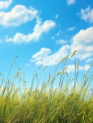 Fototapeta premium Tall grass swaying against a bright blue sky with white clouds