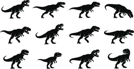Tyrannosaurus Rex Silhouette Icon Set with Roaring and Walking T-Rex Dinosaur Vectors for Prehistoric Graphic Designs © mdferozhossain