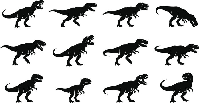 Tyrannosaurus Rex Silhouette Icon Set with Roaring and Walking T-Rex Dinosaur Vectors for Prehistoric Graphic Designs