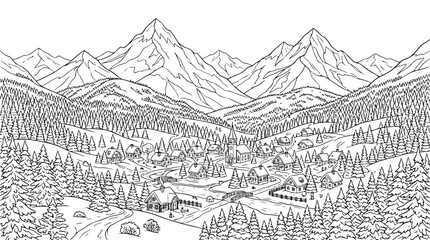 Fototapeta premium Mountain Village Landscape Coloring Page Line Art Illustration