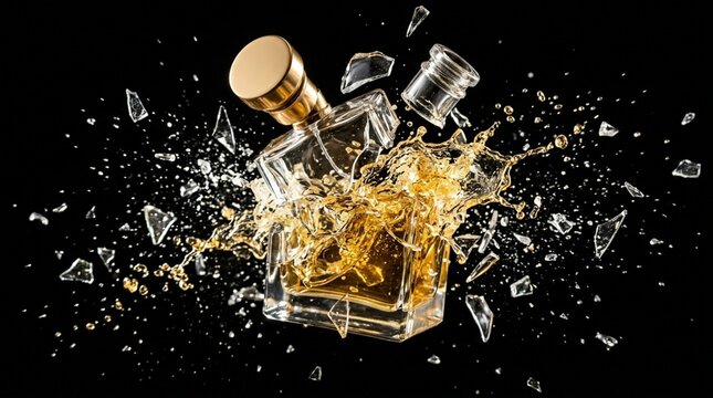 Whiskey bottle shatters violently on black background with liquor splashing out