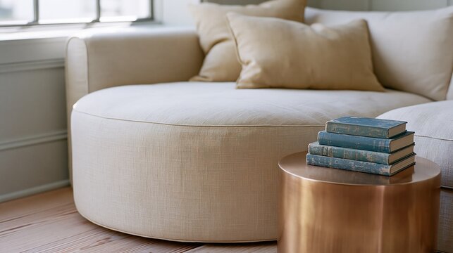 Curved linen sofa with brass side table and vintage books in Scandinavian living room