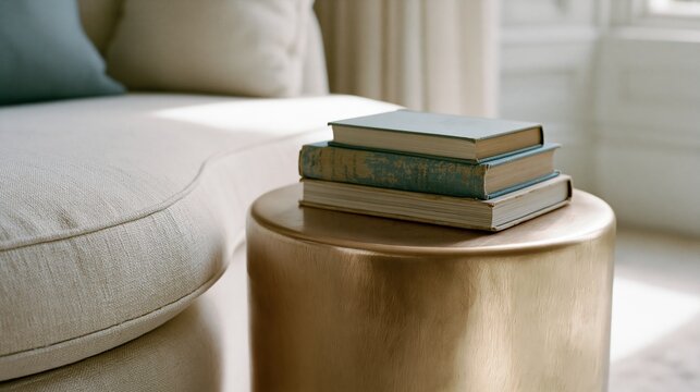 Brass side table with vintage books beside curved linen sofa in Scandinavian living room