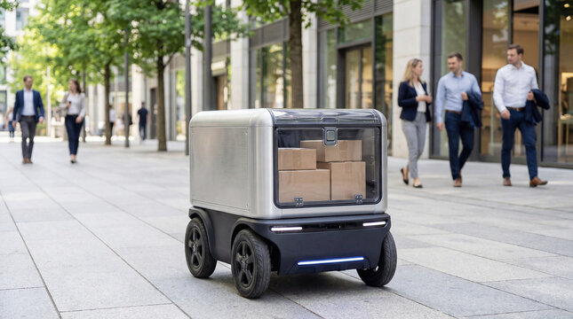 Autonomous delivery robot driving on modern city sidewalk. Self-driving transport vehicle carrying cardboard boxes. Innovative logistics, supply chain technology and urban transport concept.