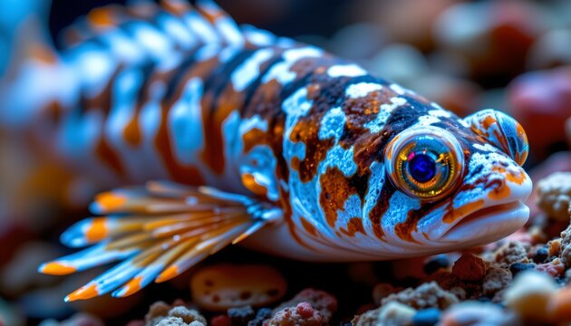 The image features a close up of a colorful fish resting on a rocky or coral substrate. Its body is adorned with vibrant orange, white, and dark brown markings, creating a striking pattern