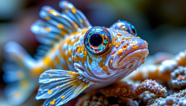 The image features a close up of a colorful, spiny fish with large, expressive eyes. Its body is adorned with intricate patterns in shades of blue, orange, and white, creating a striking appearance