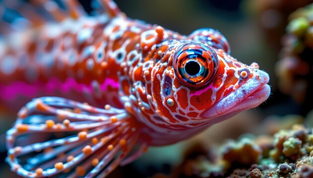 The image features a close up of a vividly colored fish with intricate patterns on its body