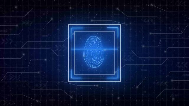 Fingerprint scan animation verifies biometric identity records on black. Secure office access control apps implement a fingerprint scan animation view. Fingerprint scan animation setup.