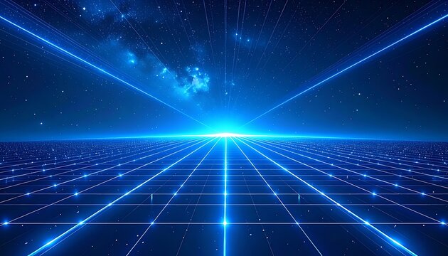 A futuristic digital landscape with a bright blue light at the horizon, surrounded by converging lines and beams of light on a grid pattern, set against a dark blue background with scattered stars