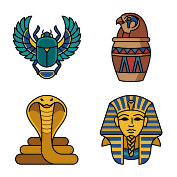 Set of ancient Egyptian symbols including a scarab beetle, canopic jar, cobra, and Pharaoh mask in colorful pixel art style
